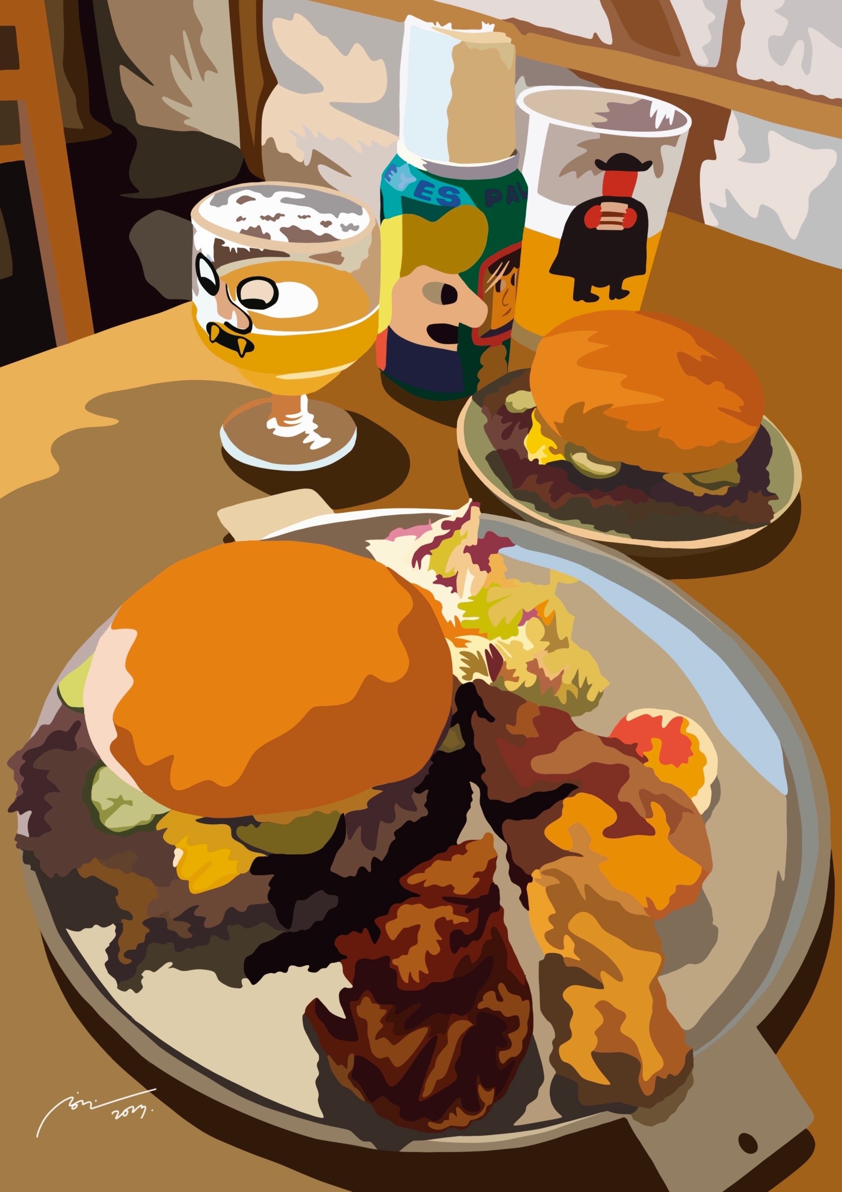 Stylized illustration of a meal on a round plate with a burger, fried chicken, salad, and fried vegetables. In the background, there are two cups with cartoon characters and a can of soda on a wooden table.