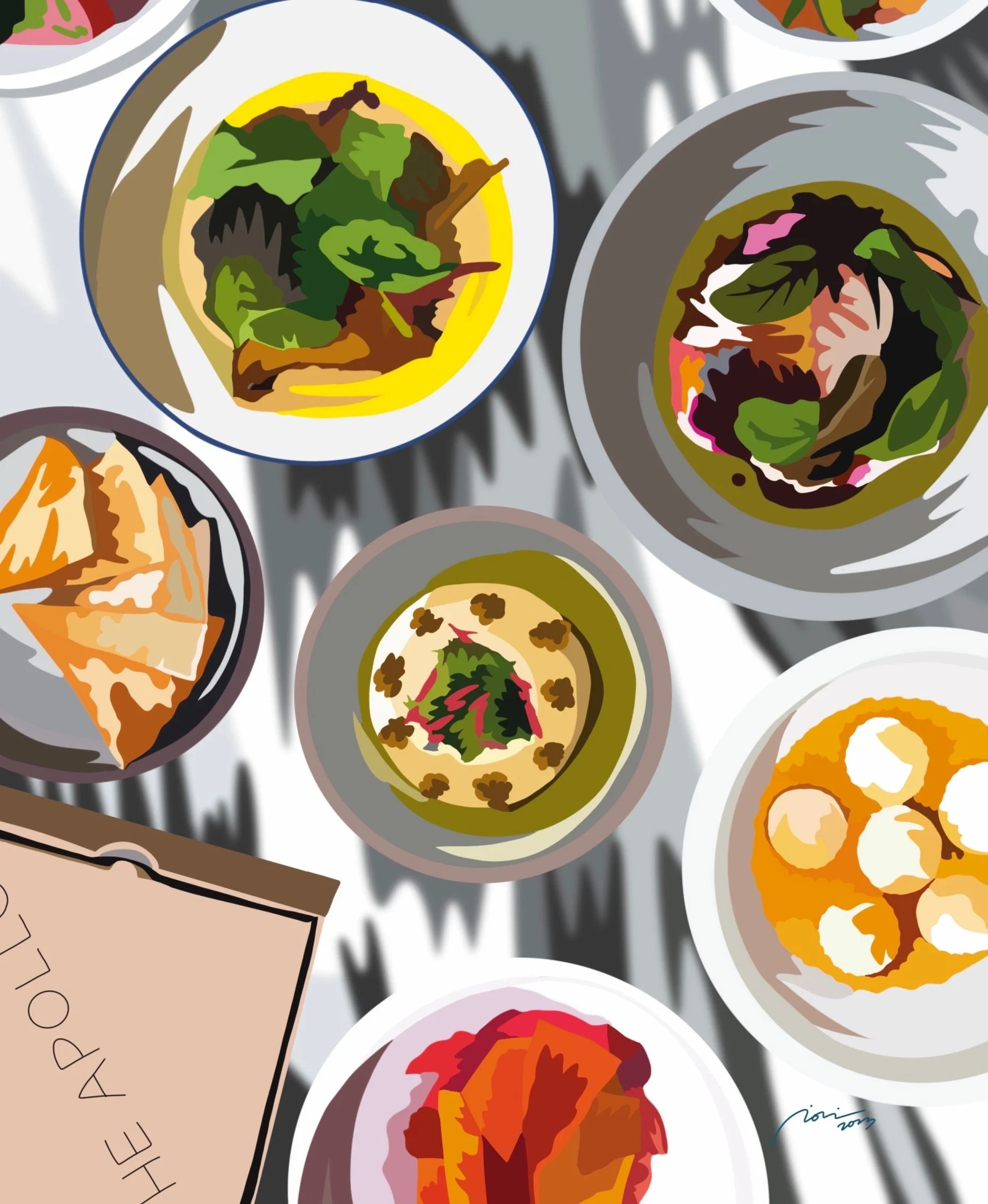 Multiple bowls of colorful salads with various greens, vegetables, and toppings on a table.