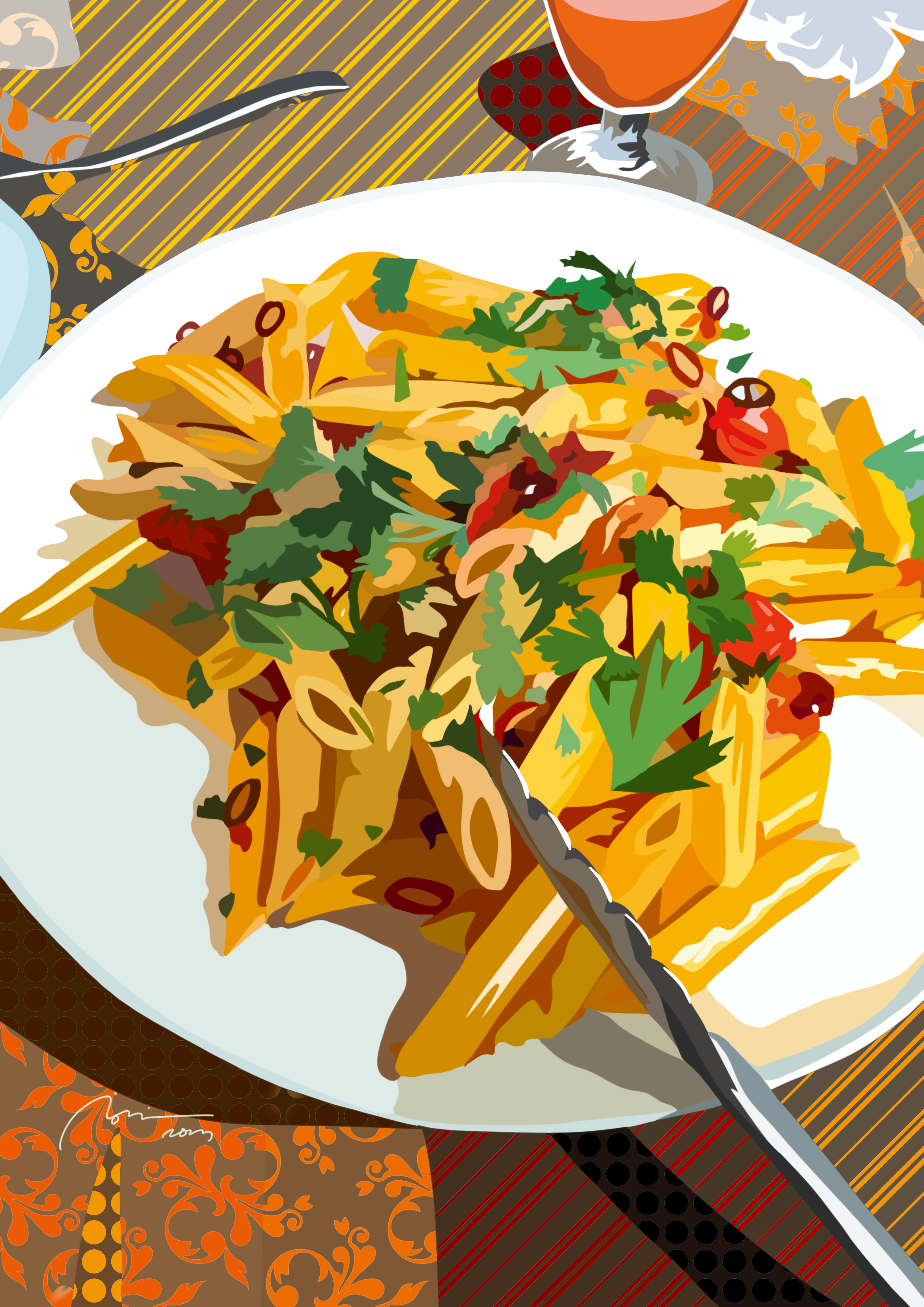 A plate of pasta with cherry tomatoes, herbs, and sauce on a table with a fork, glass of wine, and decorative tablecloth.