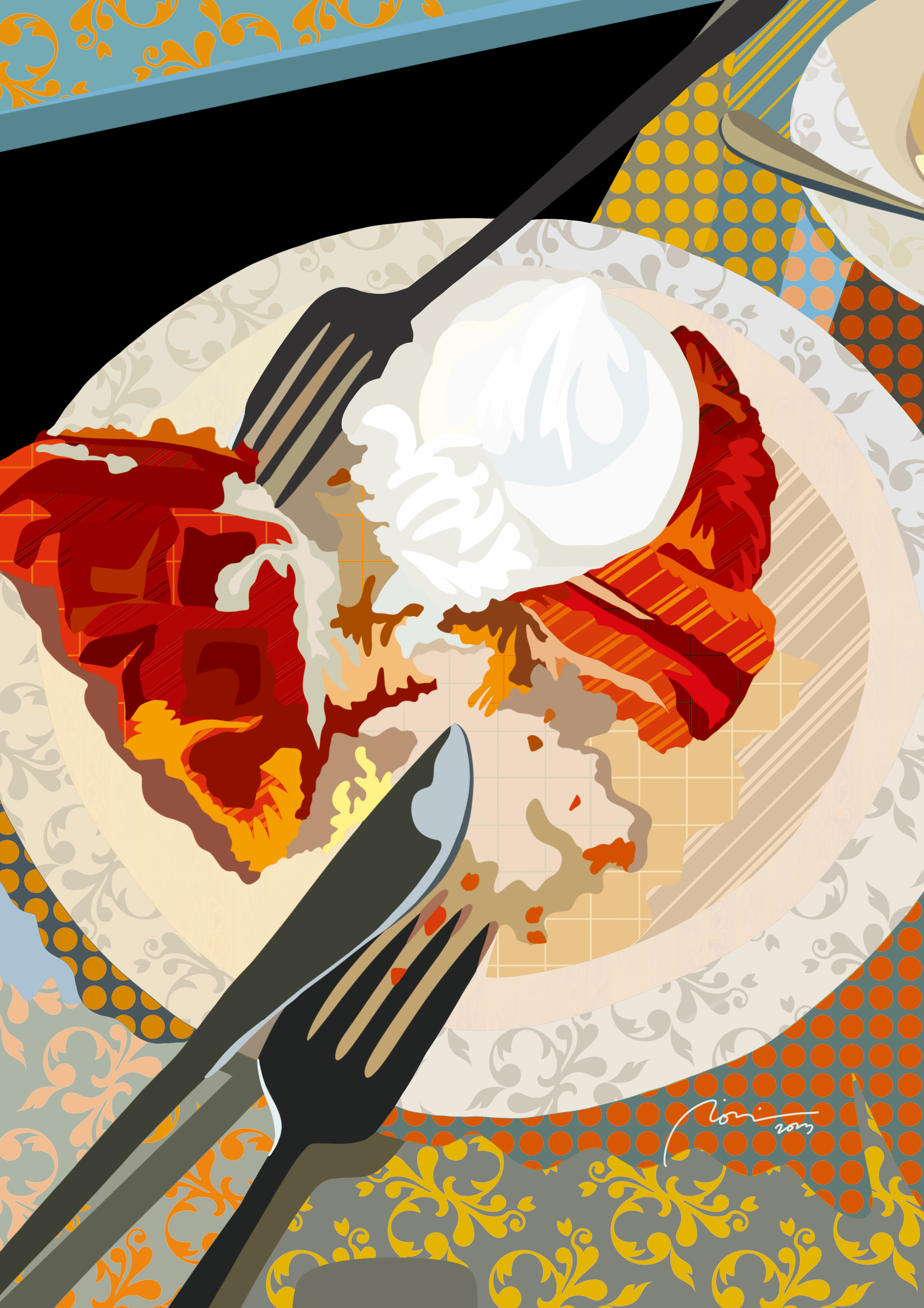 A plate of food with a fork, featuring a poached egg on top of tomatoes and what appears to be bread or toast, on a decorative patterned tablecloth.