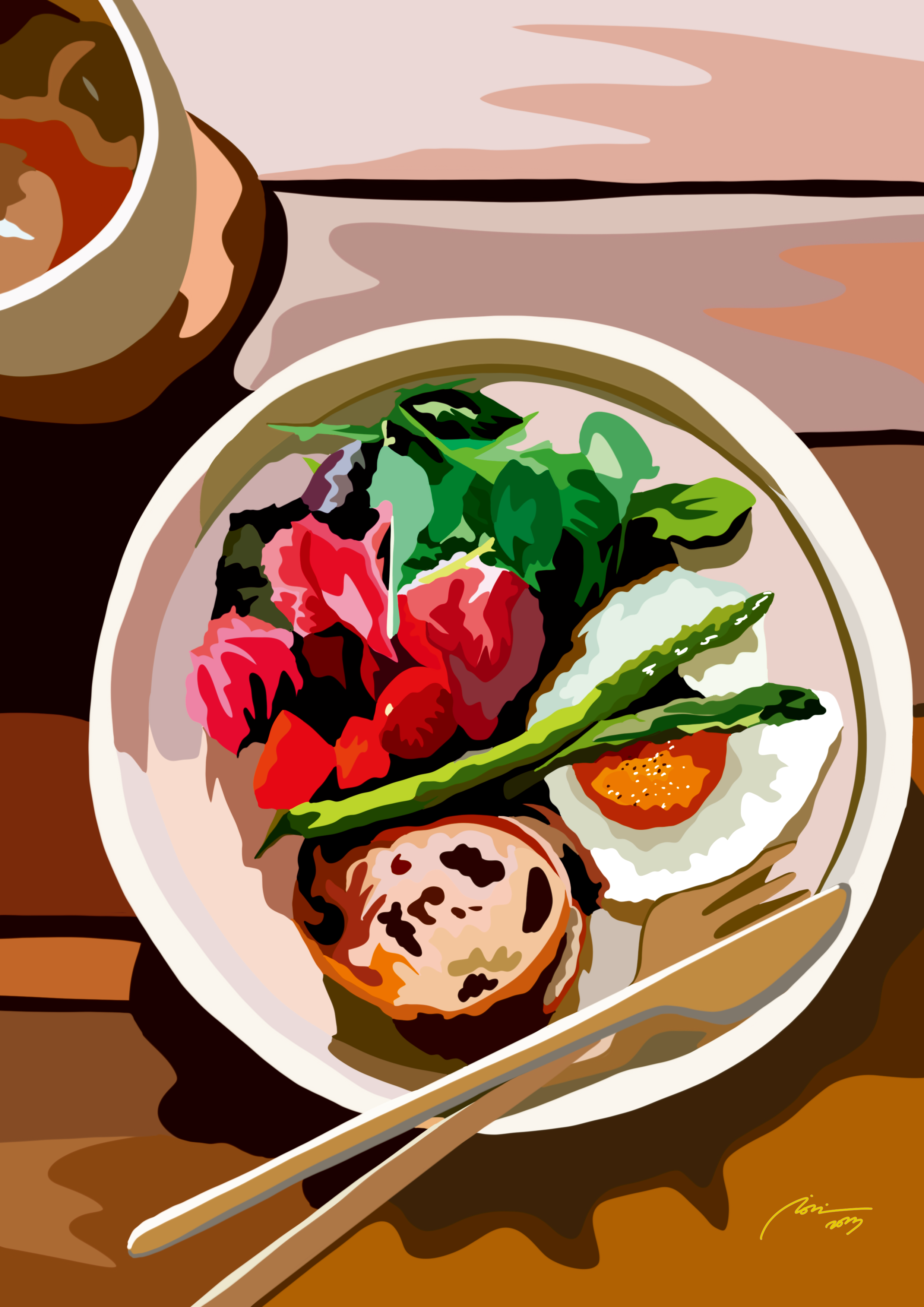 A plate of food including a sunny side up egg, vegetables, a slice of tomato, and bread, on a wooden table with chopsticks nearby.