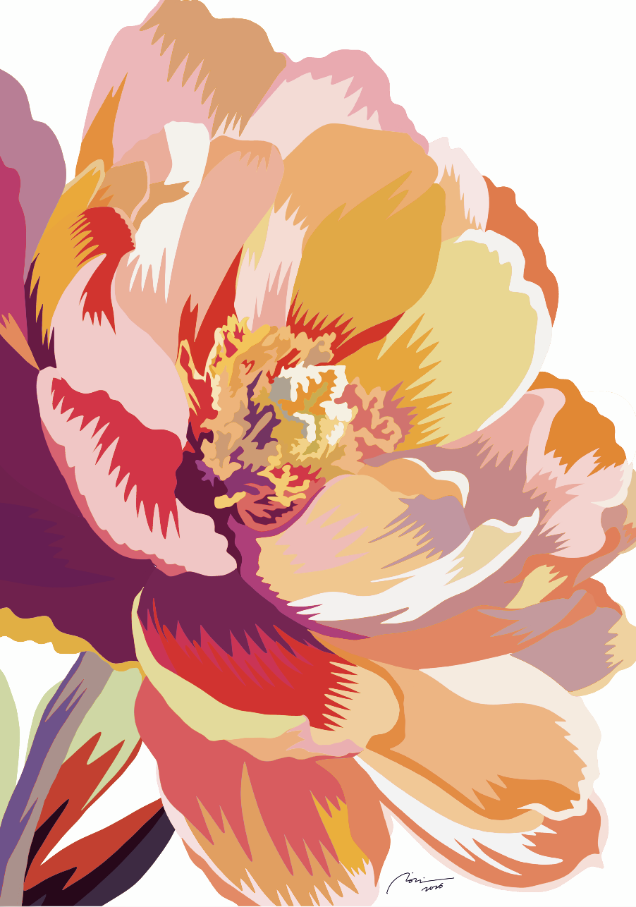 A colorful digital illustration of a flower with petals in shades of pink, peach, yellow, purple, and orange.