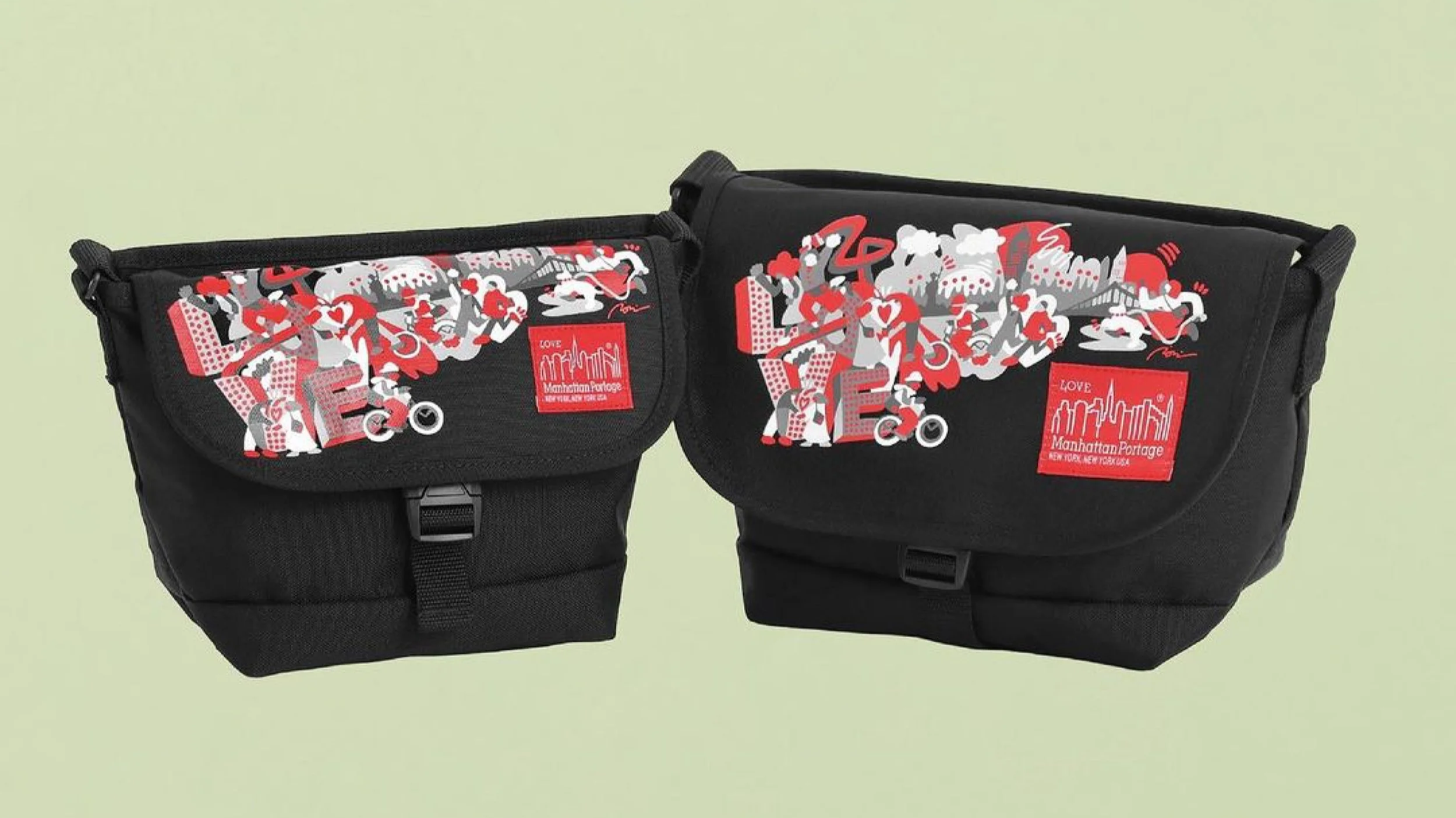 Two black Manhatten Portage bags with a red, white, and gray design depicting various city scenes and a red label in the bottom right corner, set against a light green background.