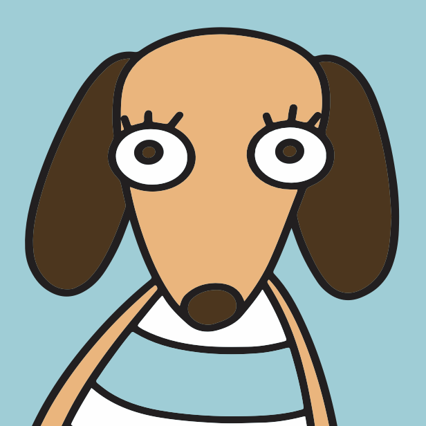 Cartoon illustration of a dog with large, expressive eyes, floppy ears, and wearing a striped shirt against a light blue background.
