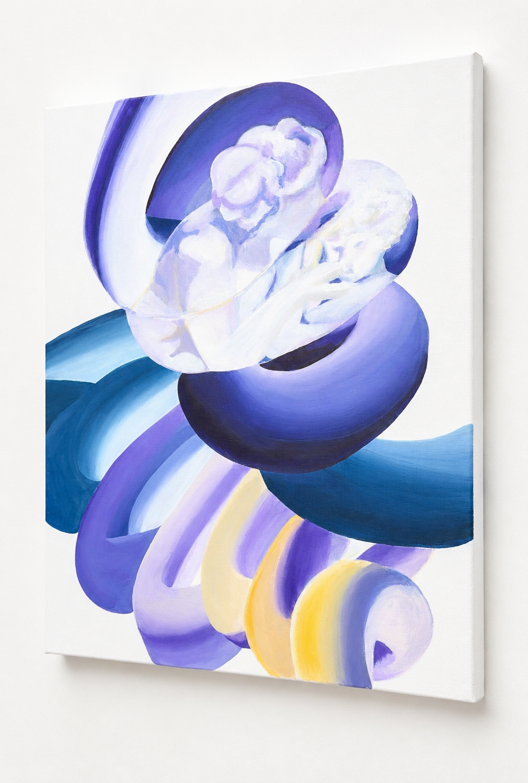 An abstract painting featuring swirling shades of blue, purple, yellow, and white, with a central white and purple flower-like shape.
