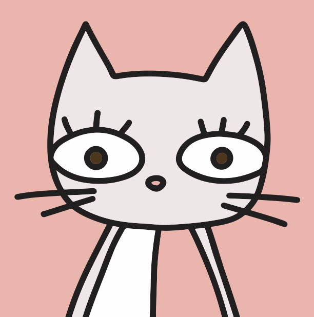 Cartoon illustration of a gray cat with large eyes, pink nose, and long whiskers on a pink background.