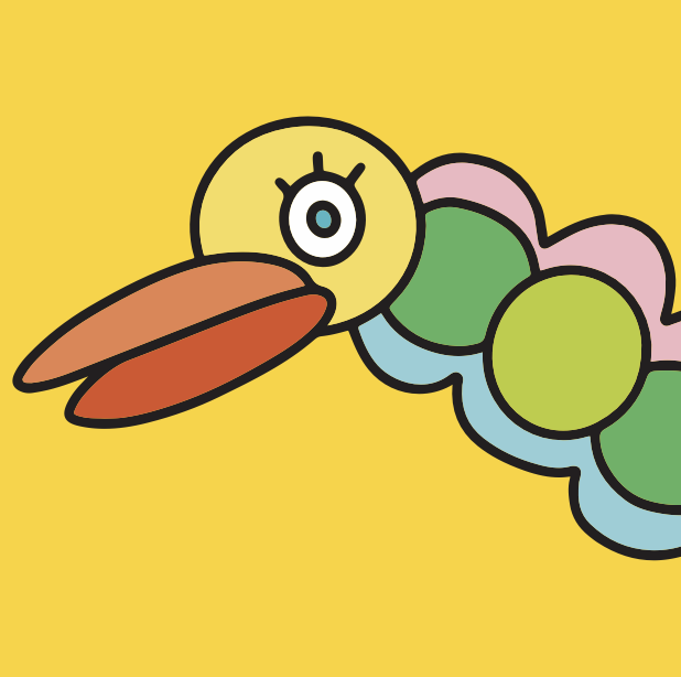Colorful cartoon bee with a yellow head, orange wings, and multiple rounded shapes in pastel pink, green, and blue on a yellow background.