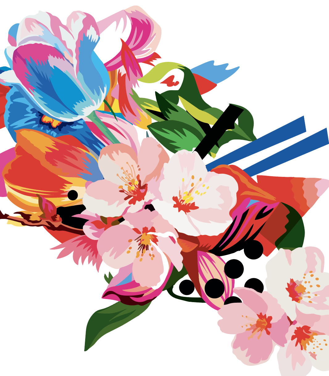 Colorful digital illustration of a bouquet with various flowers, leaves, and abstract shapes.