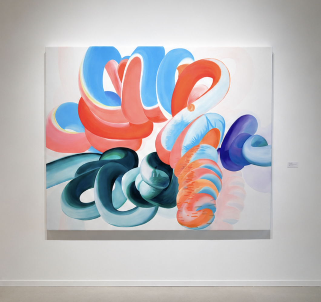 Abstract colorful graffiti-inspired painting with swirling shapes in shades of blue, pink, orange, purple, and green, displayed on a white gallery wall.
