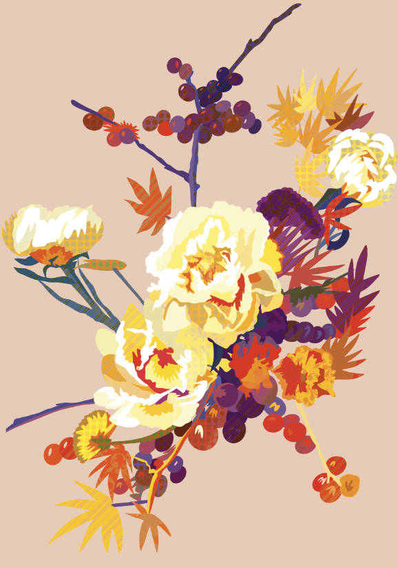 Stylized floral arrangement with yellow, white, and purple flowers, red berries, and autumn-colored leaves on a beige background.