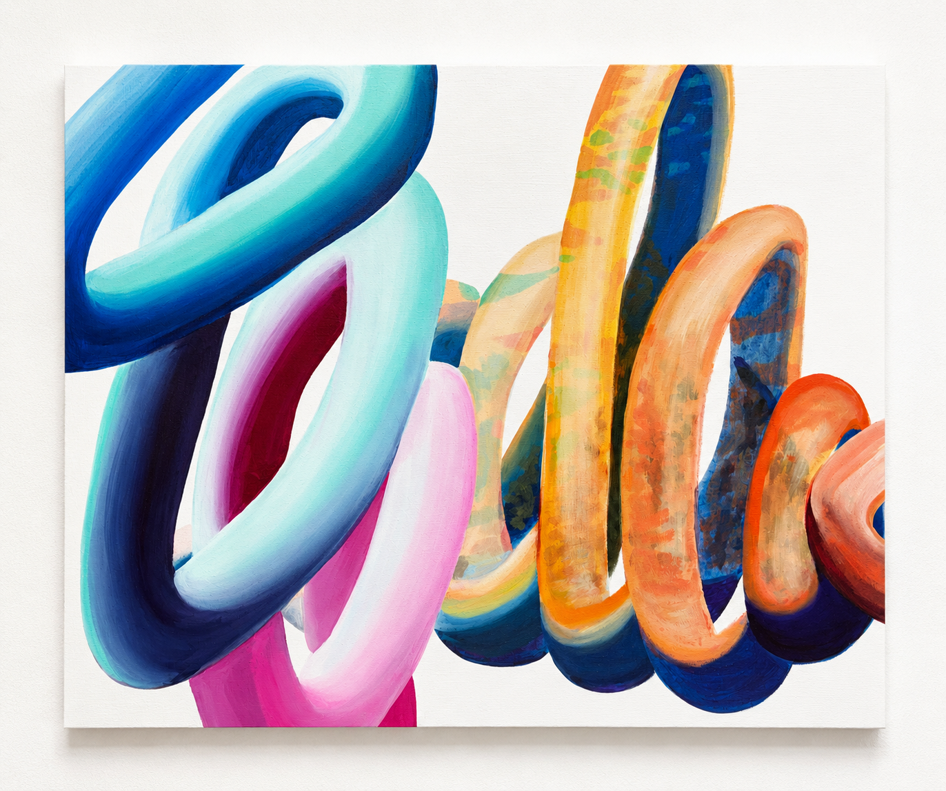 Abstract painting with colorful, looping brushstrokes in shades of blue, pink, orange, and yellow on a white background.