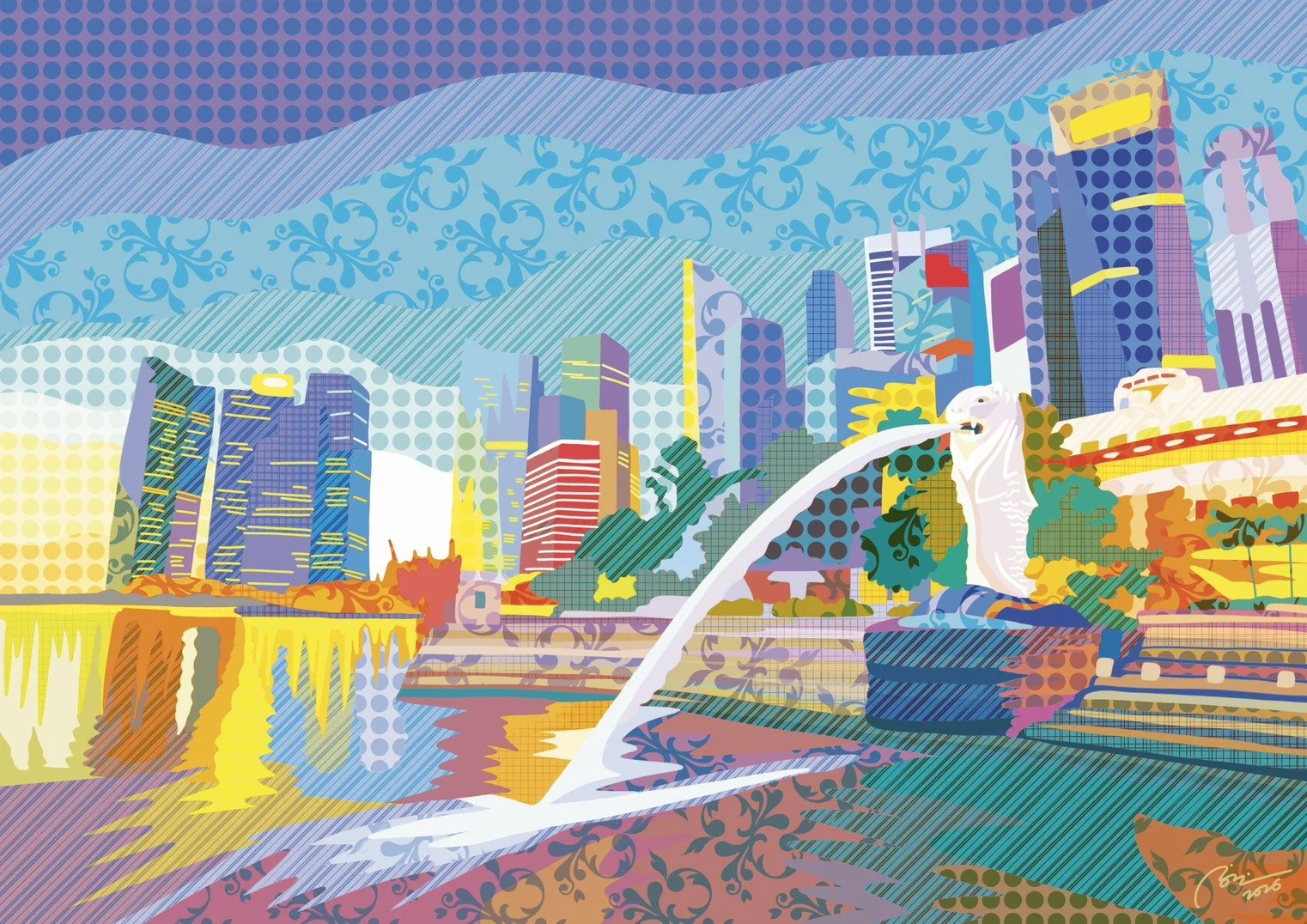 Pop art depiction of Singapore skyline with Marina Bay Sands hotel, skyscrapers, and a fountain in the foreground.