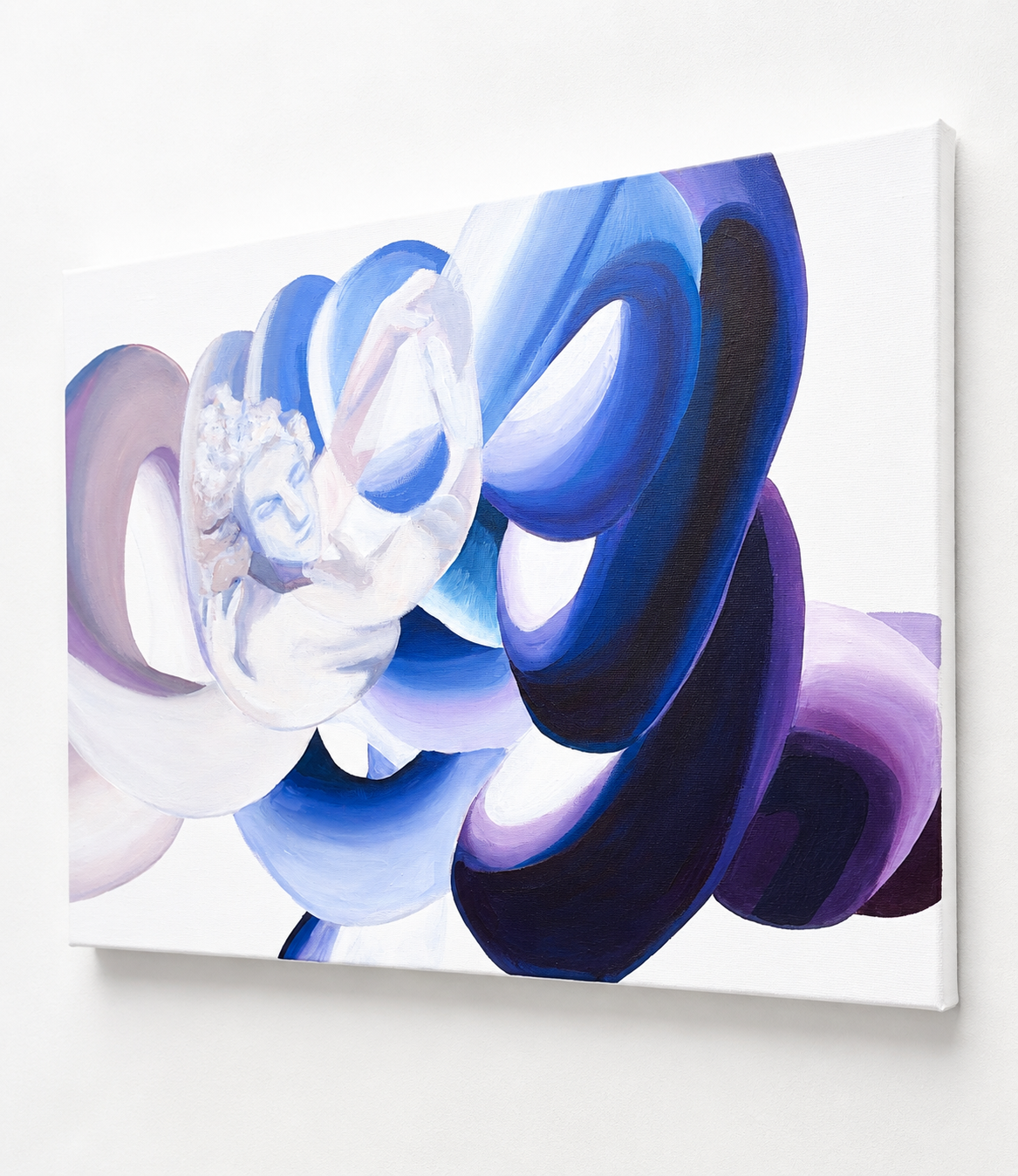 Abstract painting of a classical sculpture of a woman, depicted with a color palette of blues, purples, and whites, featuring curved shapes and soft blending on a white canvas background.