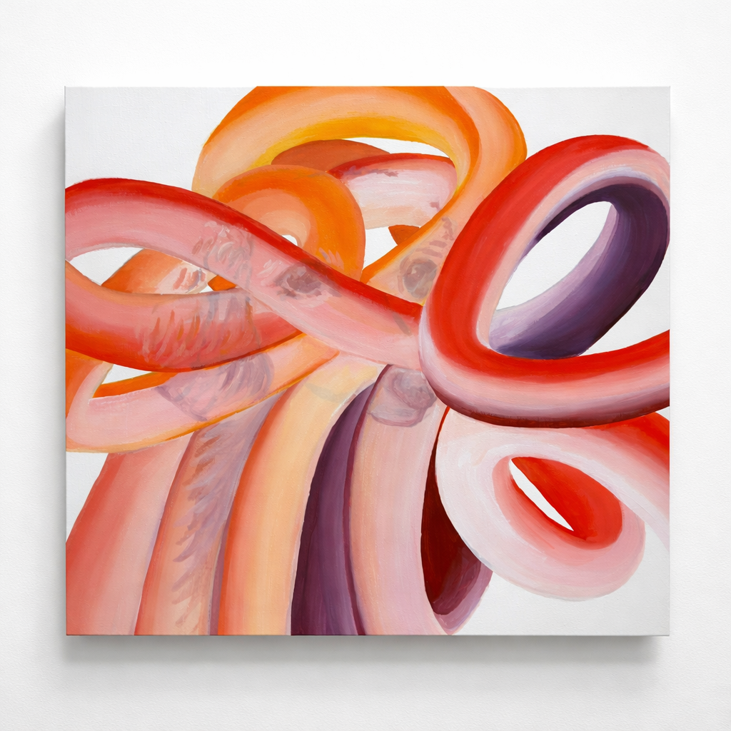 Abstract painting of intertwined, colorful loops in shades of red, orange, pink, purple, and cream on a white background.