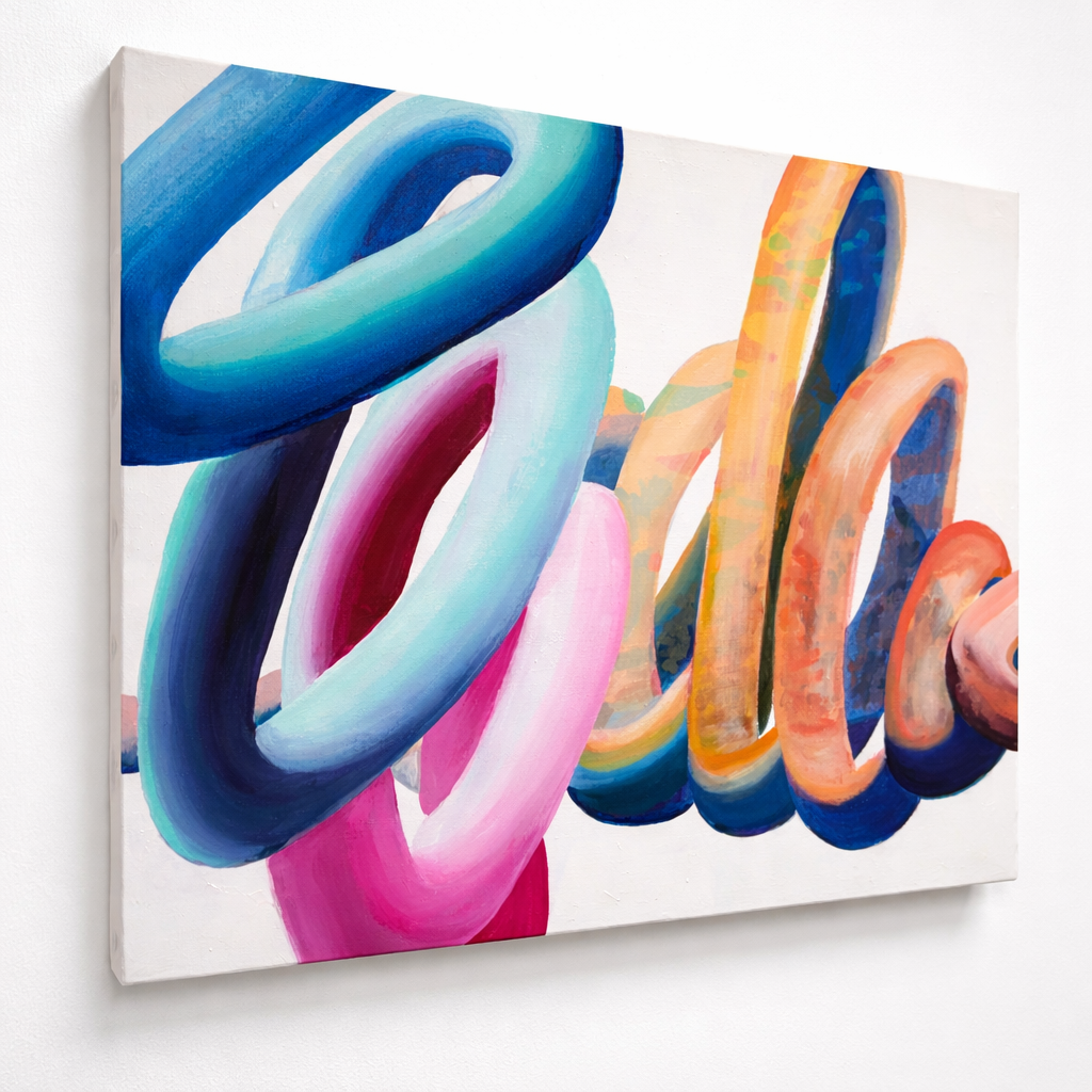Abstract painting of intertwined colorful loops with shades of blue, pink, yellow, and orange on a white canvas.