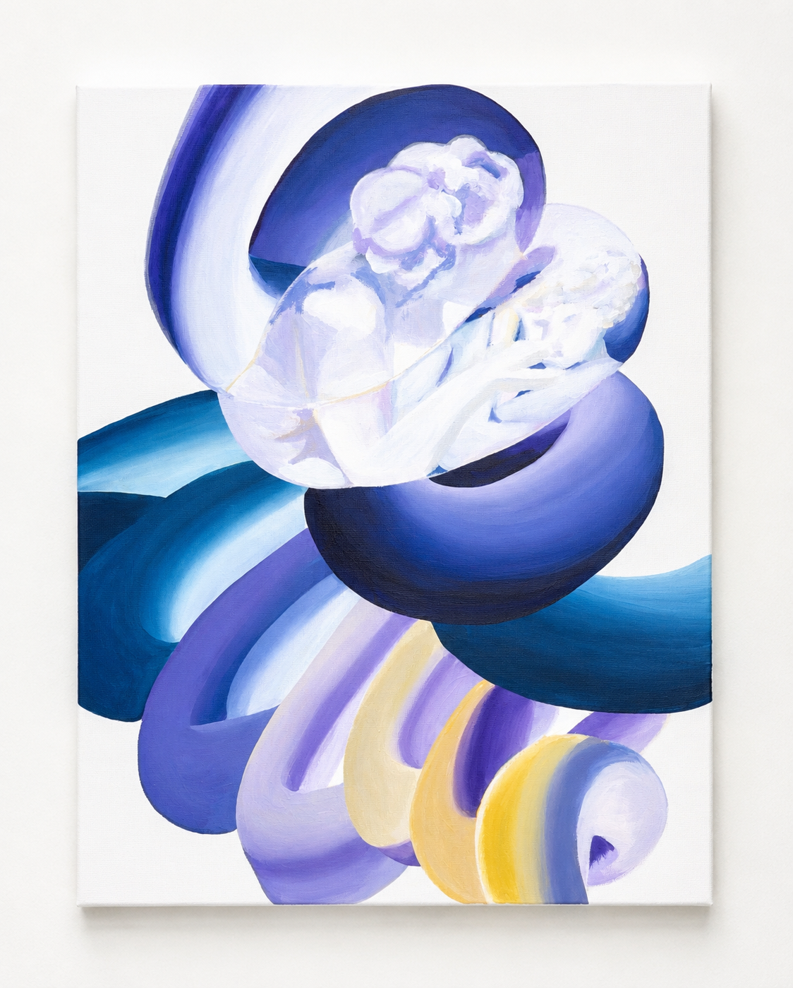 Abstract painting featuring swirling shapes in blues, purples, and yellows with a central white cloud-like form.