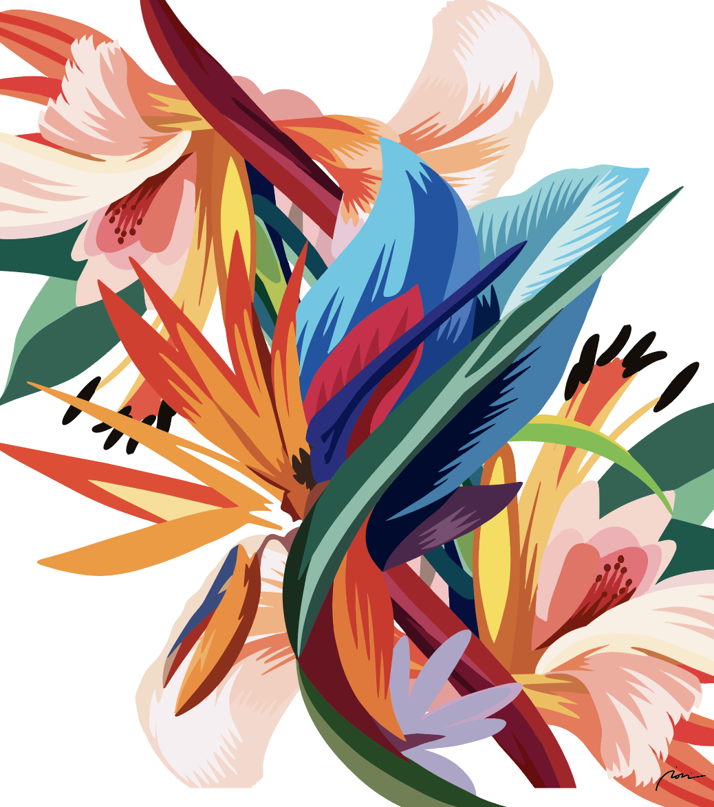 Colorful abstract digital illustration of various flowers, including lilies and bird of paradise, in vibrant shades of orange, blue, pink, green, and red.