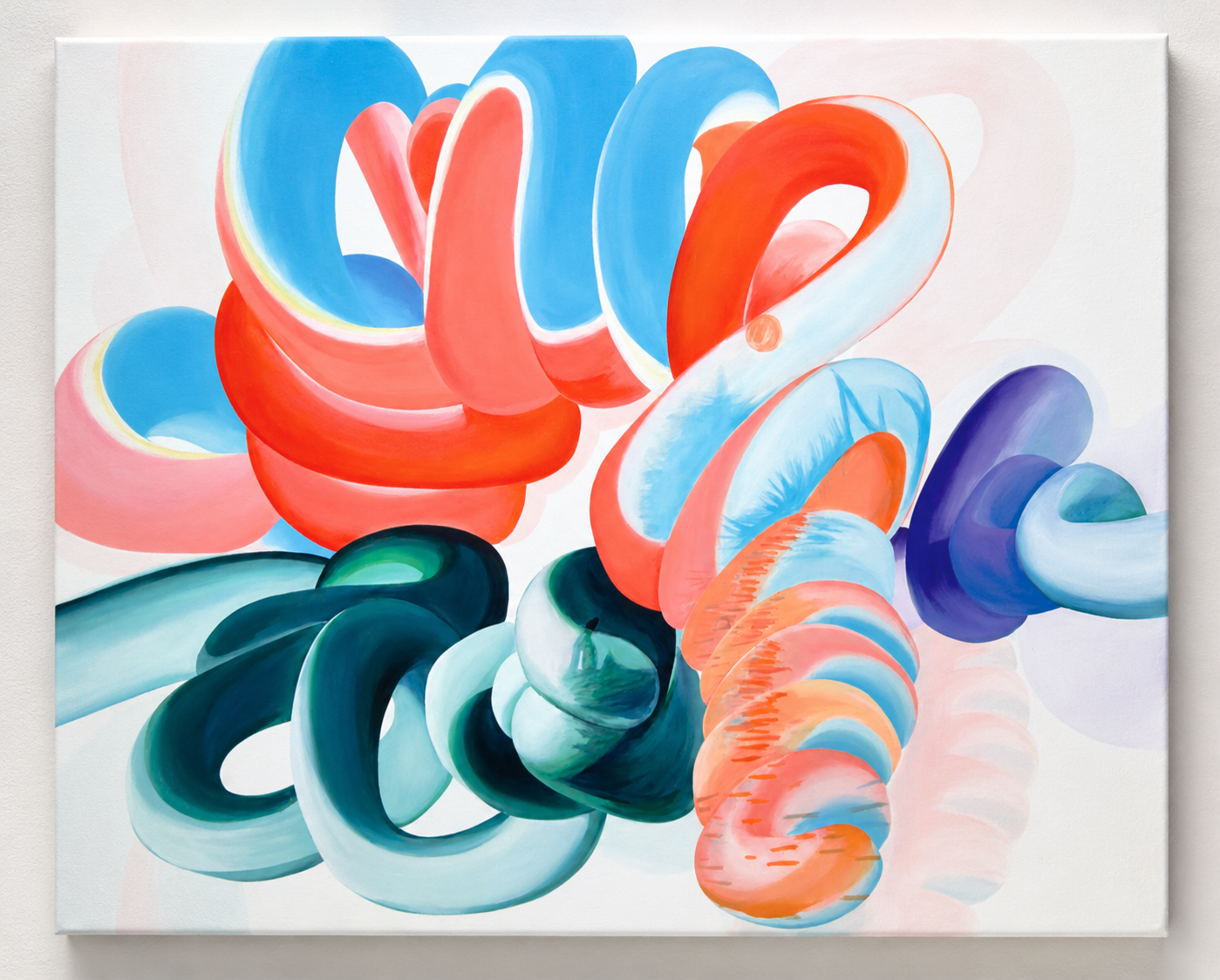 Abstract colorful painting with swirling shapes in shades of blue, orange, green, and purple.