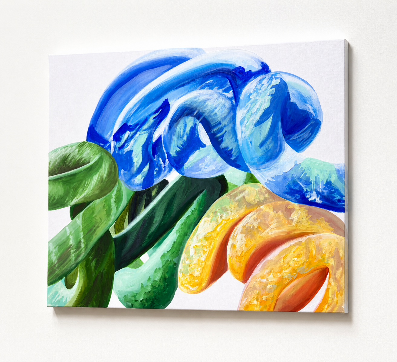 Abstract painting featuring swirling blue, green, yellow, and orange colors on canvas.