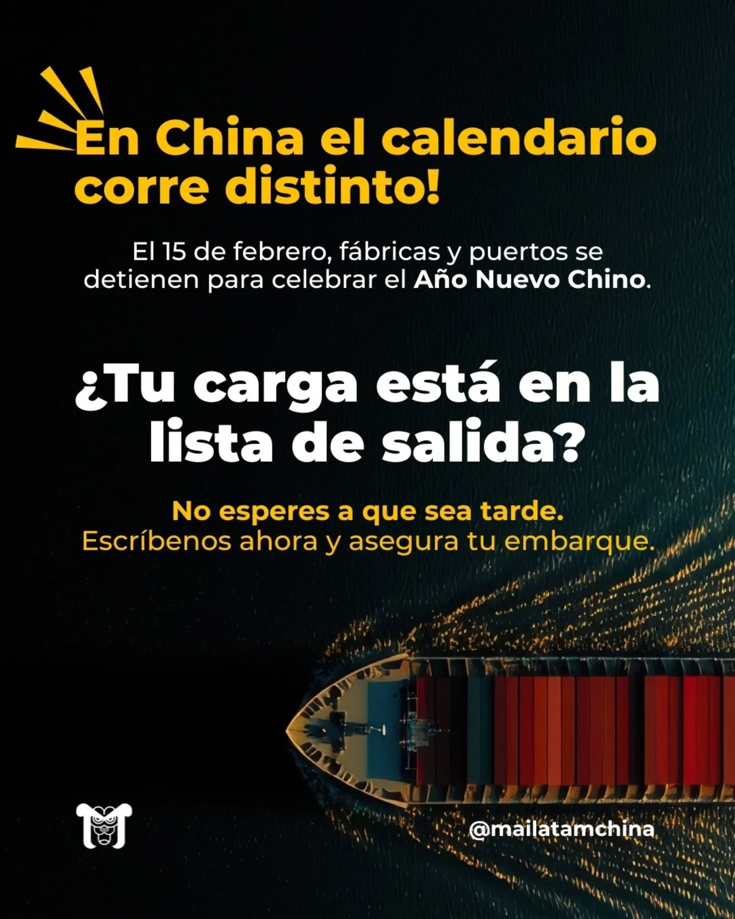 &iexcl;El tiempo en log&iacute;stica no se mide en horas, se mide en espacios! 🚢💨

Muchos importadores cometen el error de mirar el calendario occidental, pero la realidad es que en China el calendario corre distinto. 

El pr&oacute;ximo 15 de febr