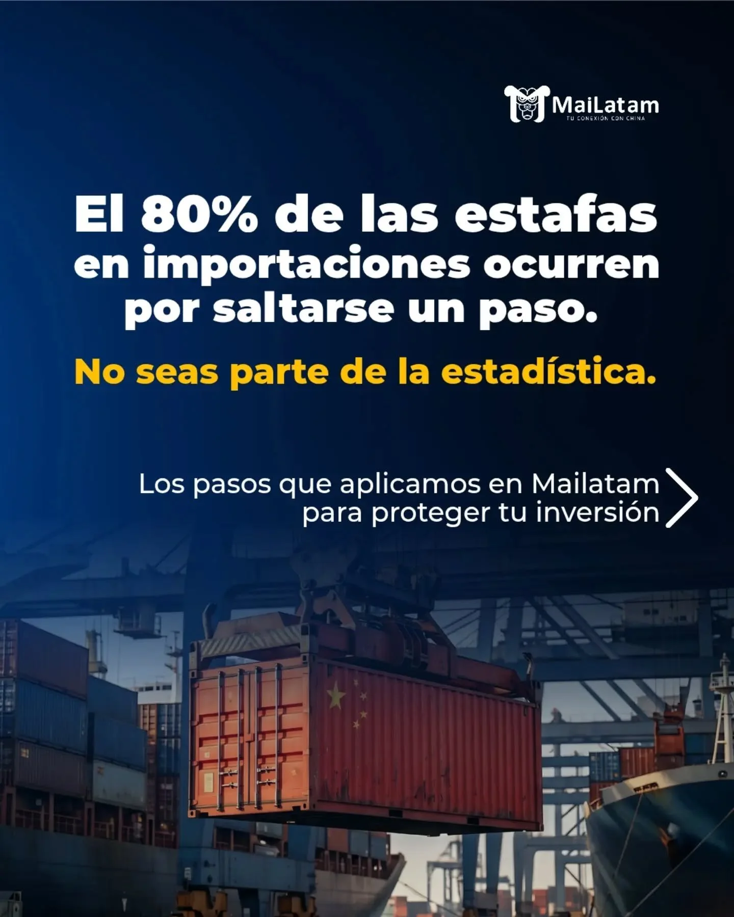 &iquest;Cansado de la ansiedad por las importaciones? 🇨🇳✈️

 El 80% de los negocios fracasan en China por saltarse un paso cr&iacute;tico. 

Y no lo decimos nosotros, lo dicen las estad&iacute;sticas de estafas y p&eacute;rdidas de capital.

En Mai