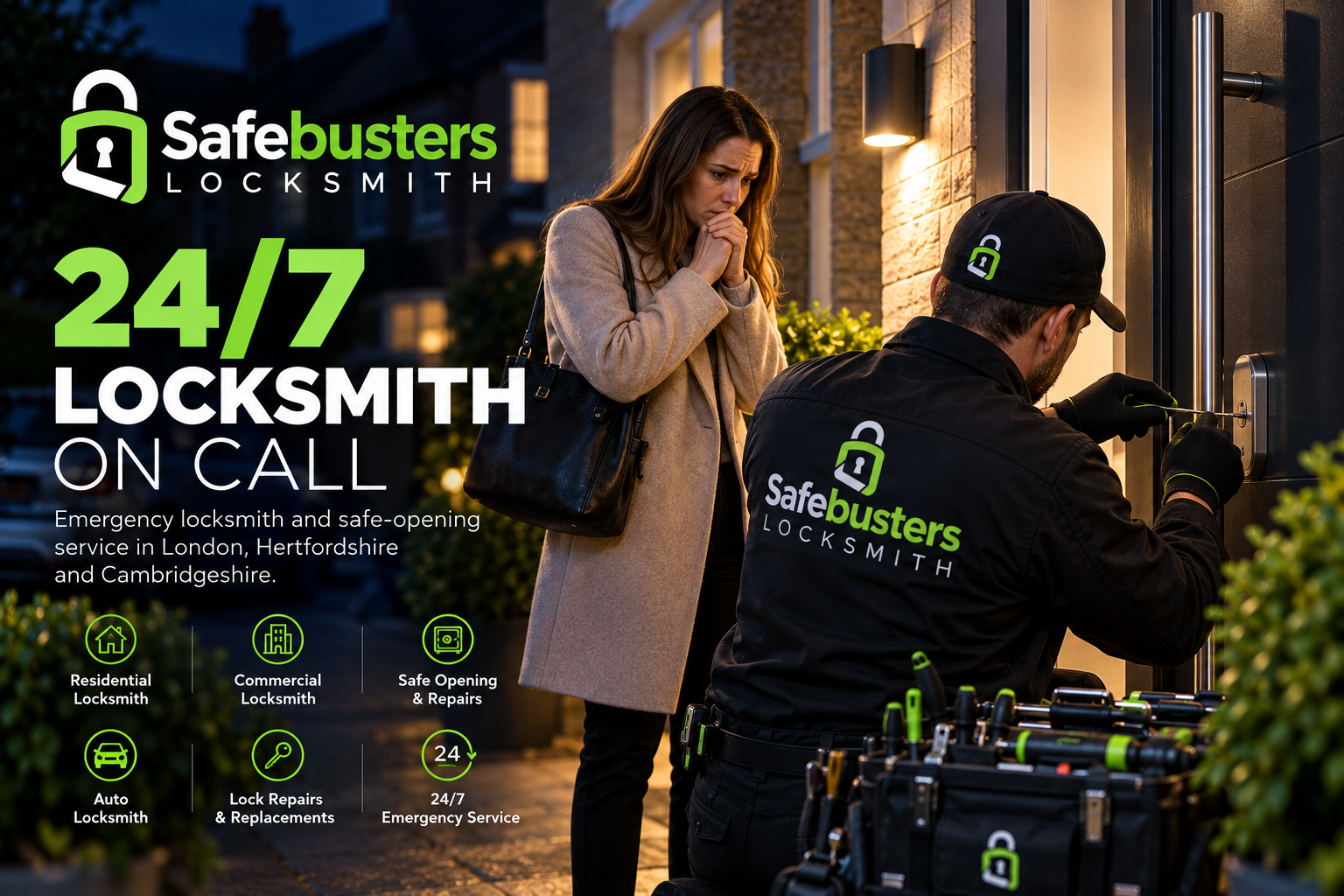 A locksmith from SafeBusters is unlocking a door for a woman on a residential front porch at night. The locksmith is wearing a black uniform with the company logo and is using tools. The woman looks worried with her hands clasped near her face. The image promotes 24/7 emergency locksmith services in London, Hertfordshire, and Cambridgeshire.