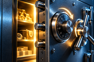 A secure safe with a dial combination lock and multiple locking bolts, slightly open to reveal gold bars and jewelry inside.