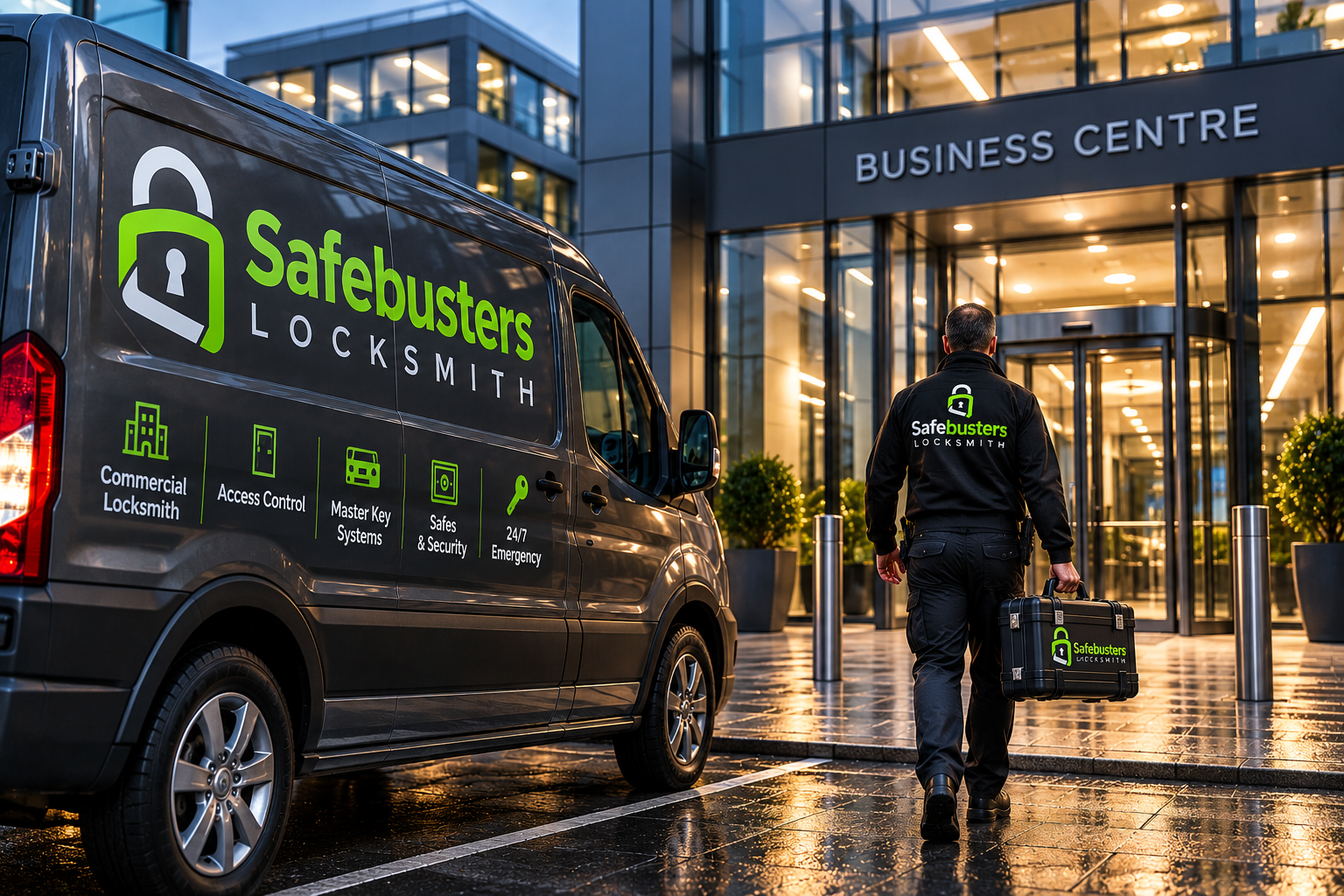 Safebusters Locksmith van parked outside a modern business center at night. The van displays services such as commercial locksmith, Emergency Locksmith , safes and security, and 24/7 emergency support.