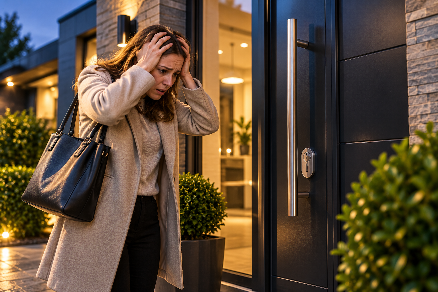 A distressed woman holds her head outside a house at dusk, standing near a black door with a handle and lock, surrounded by plants and exterior lighting.