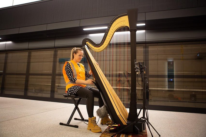 👷&zwj;♀️I bet you&rsquo;ve never seen a harpist performing in PPE in an active construction site 🦺 🚧 A few weeks ago I had the privilege of recording a new soundscape that will be in the Pedestrian Link at the brand new Martin Place Metro Station 