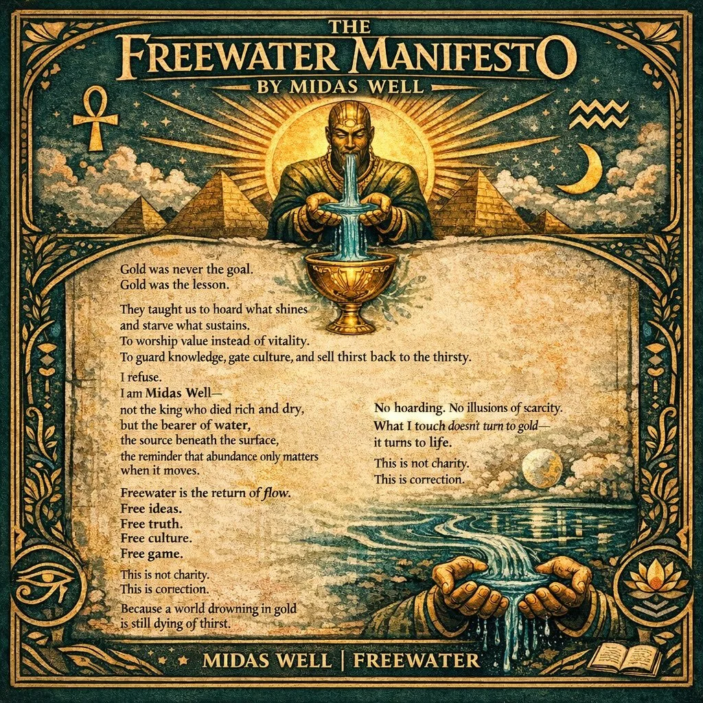 The Freewater Manifesto

Gold was never the goal.
Gold was the lesson.

They taught us to hoard what shines
and starve what sustains.
To worship value instead of vitality.
To guard knowledge, gate culture,
and sell thirst back to the thirsty.

I refu