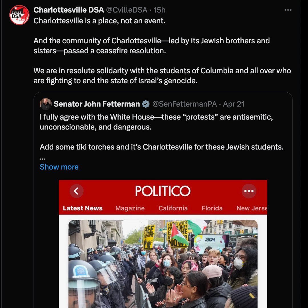 ICYMI: Senator Fetterman invoked our city&rsquo;s name to call student protests at Columbia &ldquo;antisemitic, unconscionable, and dangerous&rdquo; (in line with the White House&rsquo;s stance). Let&rsquo;s be clear: students at Columbia (and beyond