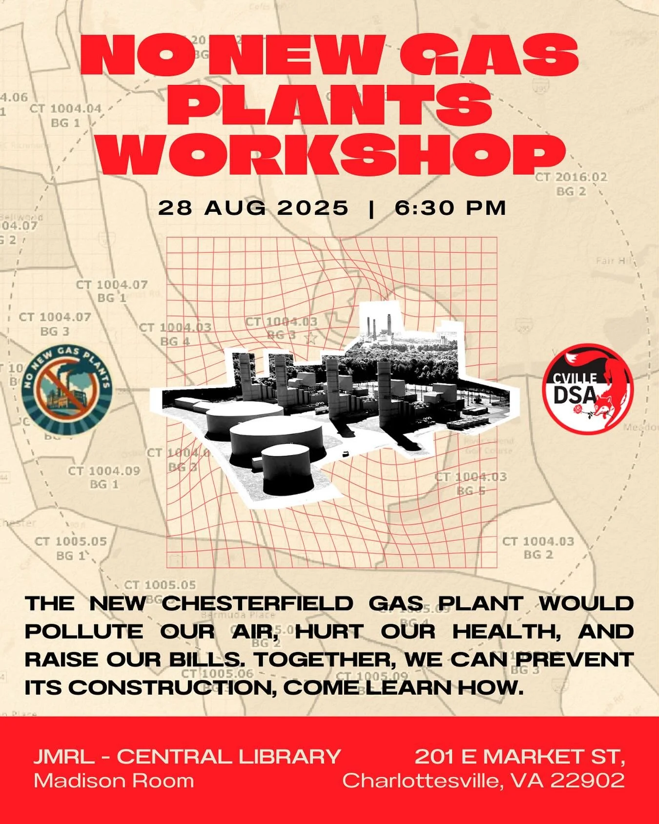 Join our #NoNewGasPlants workshop to prep for the Department of Environmental Quality hearing in Richmond on September 8! Come hear about Dominion&rsquo;s plans to construct several gas plants that threaten communities of color in Chesterfield and le