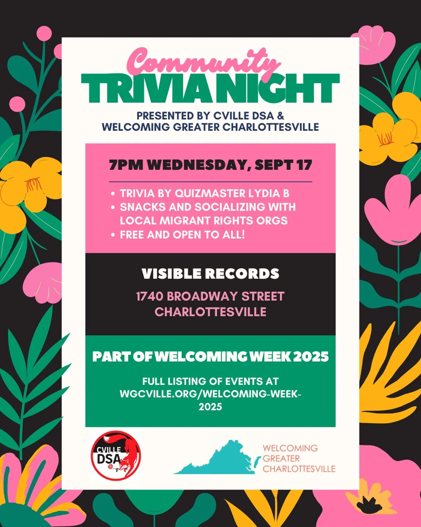 As part of @wgcville Welcome Week 2025, Charlottesville DSA&rsquo;s Migrant Rights Committee is hosting a free community trivia night with  @cville.community.trivia Quizmaster Lydia B at @visible_records Wednesday, September 17 at 7pm. We&rsquo;ll ha