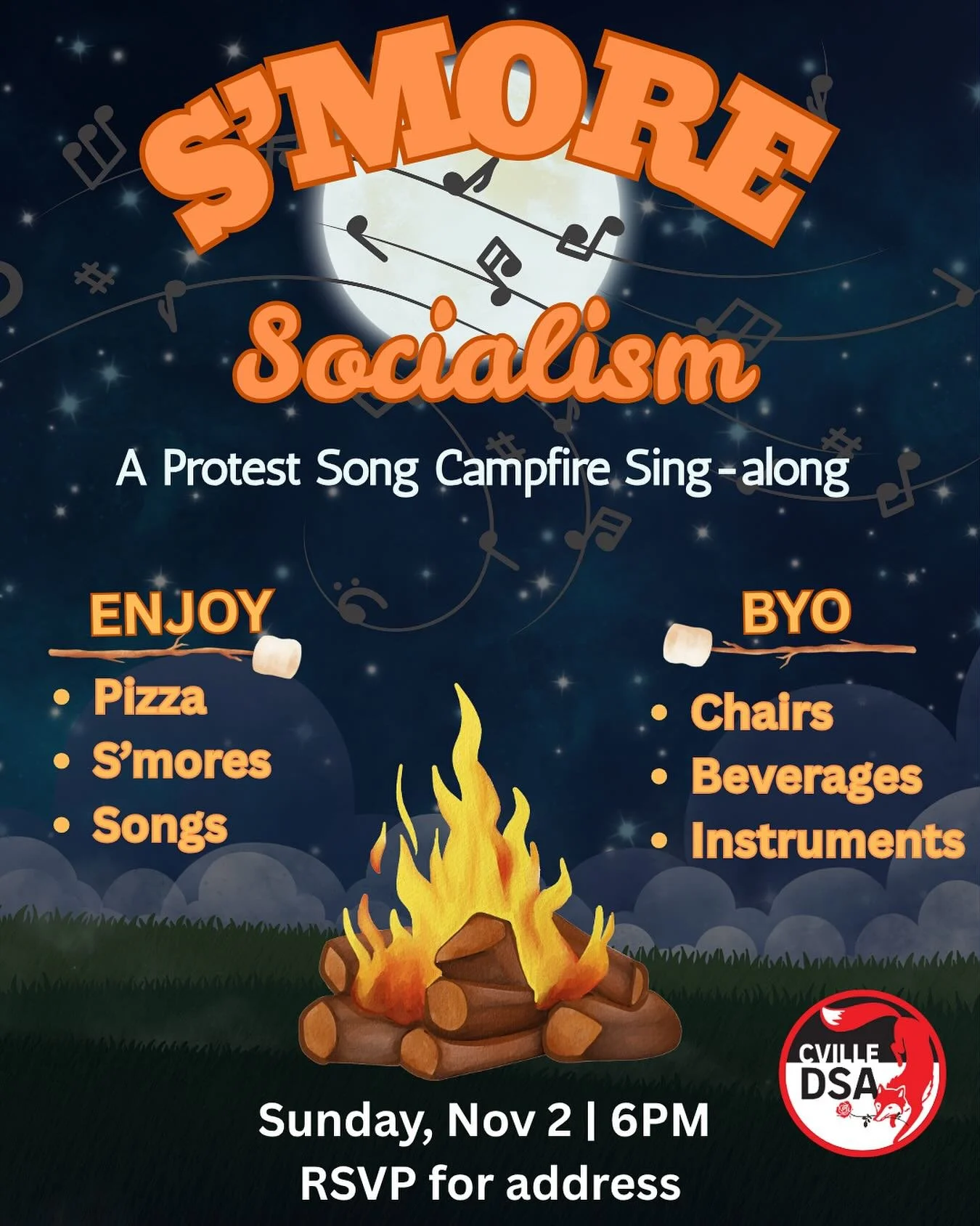 Time to get cozy with s&rsquo;more socialism! You&rsquo;re invited to a campfire singalong with protest songs and camaraderie🎶✊🏻We will provide the pizza and s&rsquo;mores and ask that you bring your own chairs, beverages, and instruments (if you&r