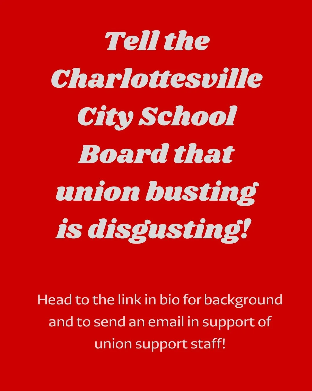 Send an email to let the School Board know that Charlottesville is a union town! Link in bio.

Charlottesville DSA is in unwavering solidarity with the educators and support staff of the Charlottesville Education Association (CEA) and we will not sta