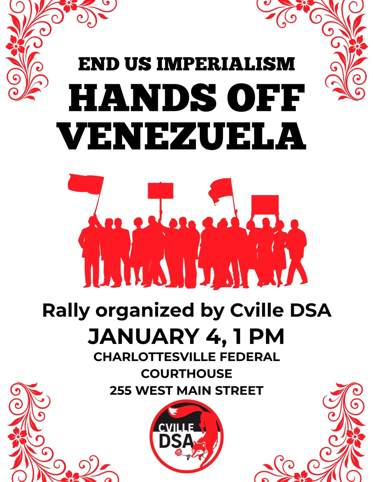 Tomorrow, Sunday, January 4 at the Charlottesville Federal Building and Courthouse at 1pm, join us as we rally against US imperialism and Trump&rsquo;s unjust, illegal war on Venezuela.