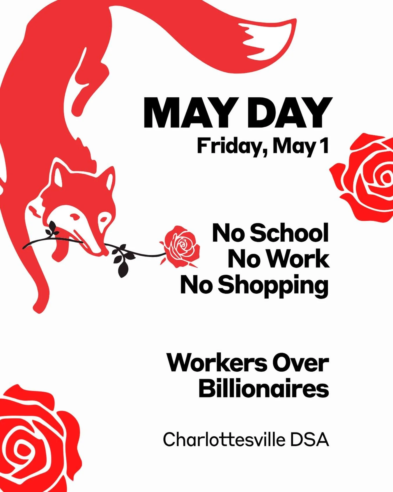 On May Day 2026, Cville DSA will join Indivisible Charlottesville and other community organizations for an action against the Trump administration, the billionaire class he represents, and the broken status quo.

It&rsquo;s not enough to defeat Trump