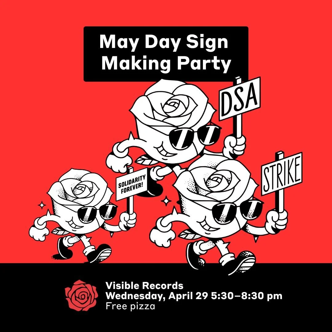 You&rsquo;ve got your May Day drip with a splash of red. Now get down to @visible_records for a signmaking party Wednesday, 5:30-8:30 pm. All are welcome. Bring art supplies and cardboard or use ours. There will be pizza. Our strike partners @indivis