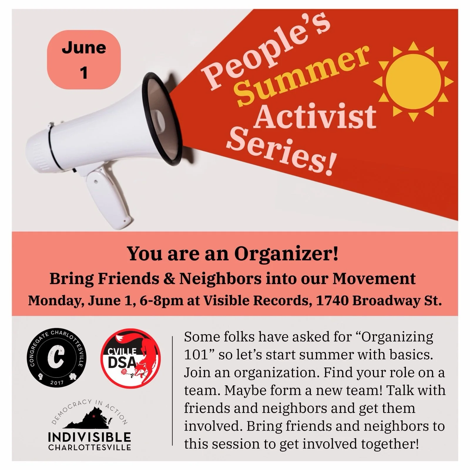 Join us tomorrow, Monday, June 1 at @visible_records from 6-8pm as we build the skills to bring people into our movement. Structured organizing conversations are a powerful tool for naming the issues and envisioning solutions. These conversations bui