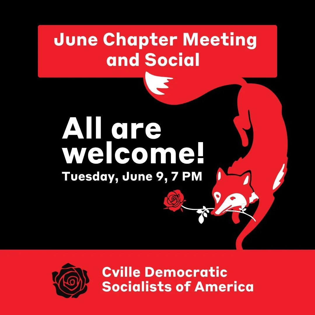 June Chapter Meeting 
Tuesday, June 9 &middot; 7 PM
What would it take to win a general strike by 2028? Join us to dig into DSA&rsquo;s national strategy and help shape what that work looks like here in Charlottesville.
We&rsquo;ll discuss options, b