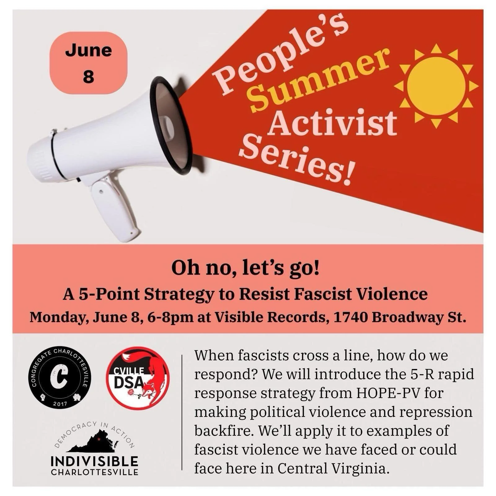 TONIGHT People&rsquo;s Activist Series: Oh No! Let&rsquo;s Go!- A 5-Point Rapid Response Strategy to Resist Fascist Violence
Monday, June 8, 6:30pm (potluck at 6pm) Comrades Maria and Karena on the 🎤🔥
In person @visible_records 1740 Broadway St.
AN