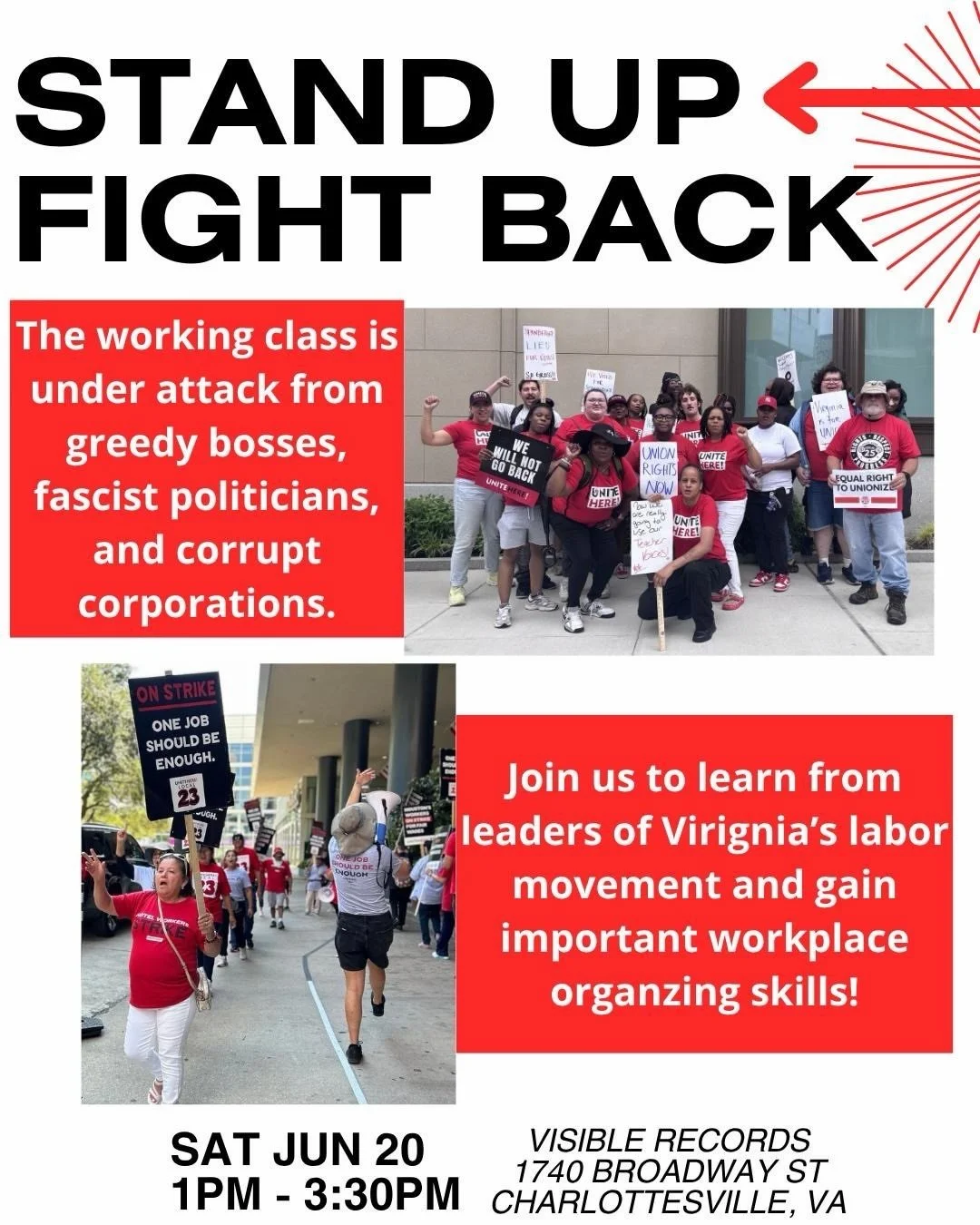 Ready to stand up for your rights in the workplace? Learn how from skilled union organizers on Saturday, June 20, from 1 - 3:30pm at Visible Records.

&ldquo;&iquest;Est&aacute;s listo para defender tus derechos en el trabajo? Aprende c&oacute;mo hac