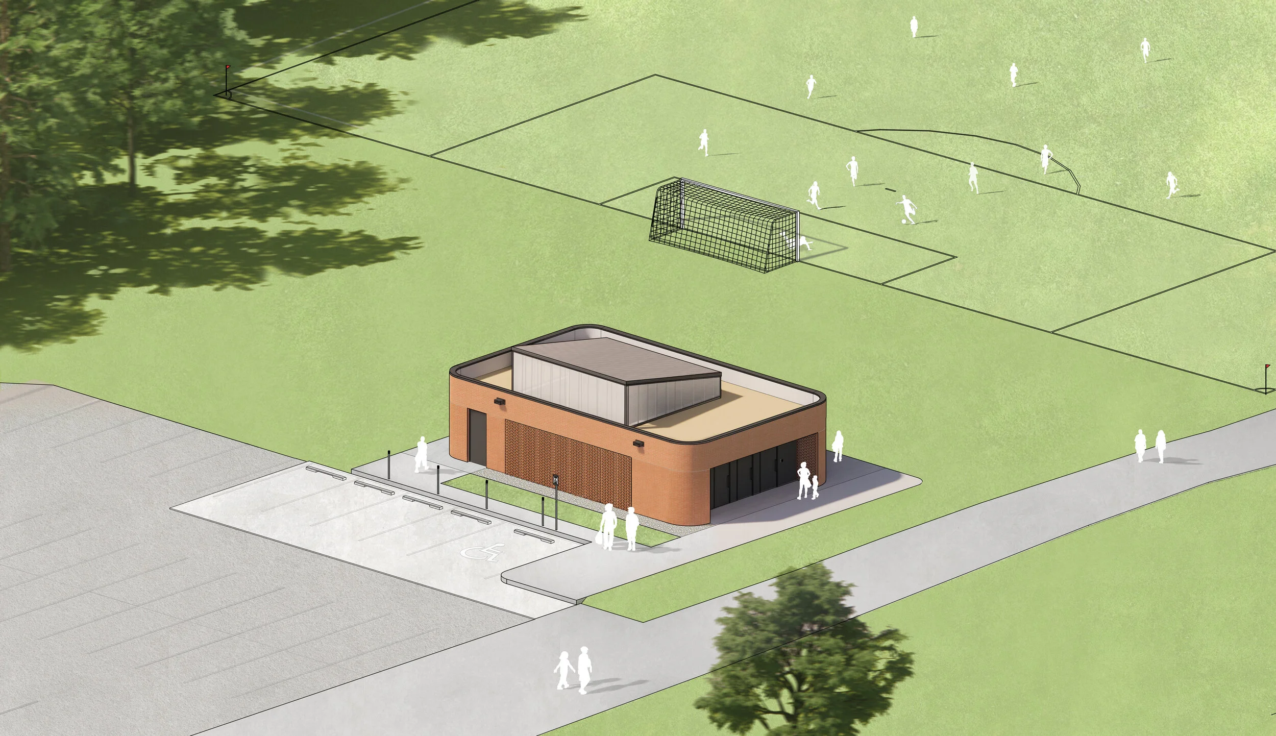Axonometric drawing of Fisher Field Soccer Clubhouse designed by SOCA