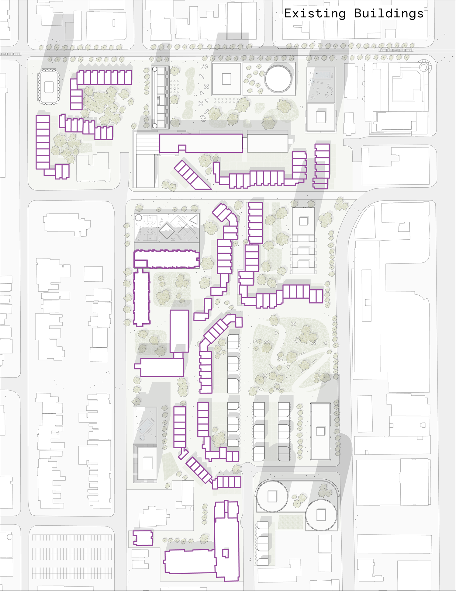 Plan of existing buildings for the Alexandra Park Master Plan designed by SOCA