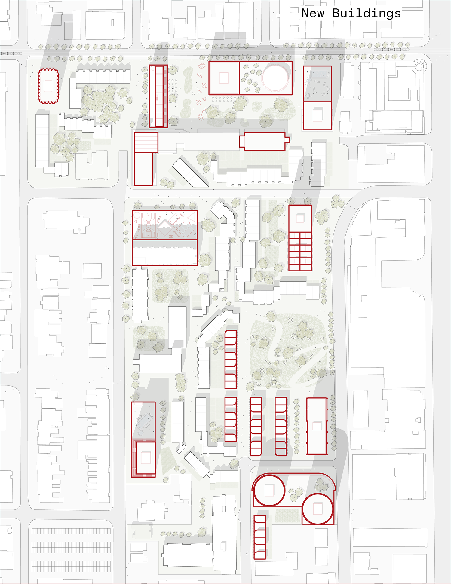 Plan of new buildings for the Alexandra Park Master Plan designed by SOCA