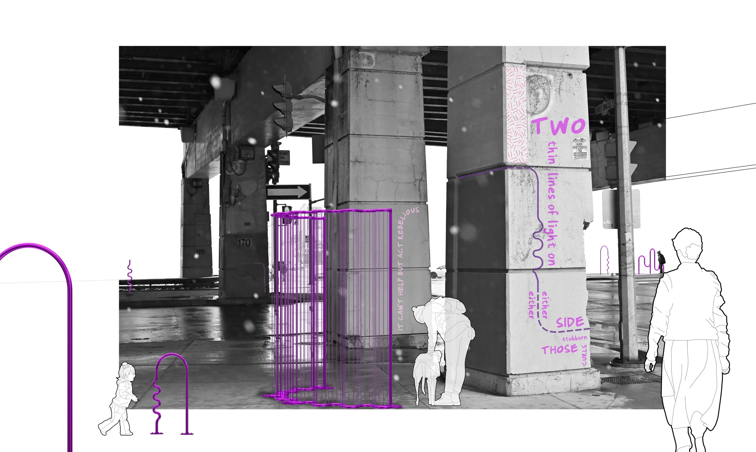 Collage of interventions for the Waterfront ReConnect proposal designed by SOCA, SHEEEP Studio, and Tiffany Shaw