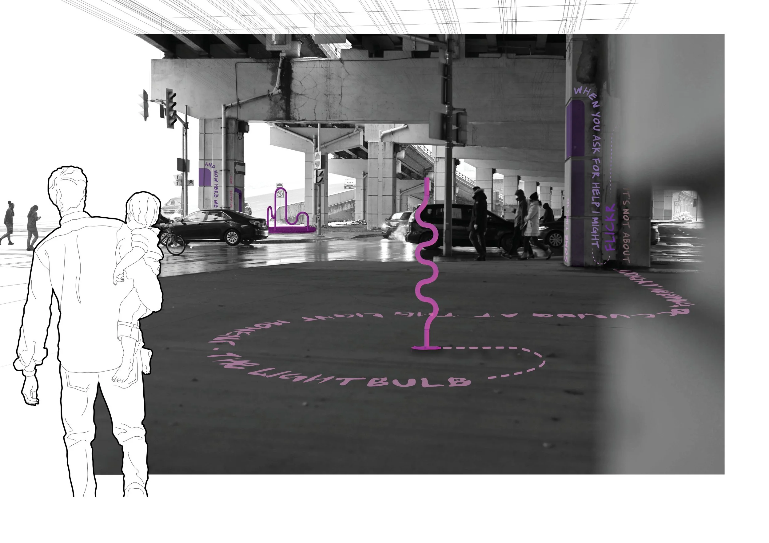 Collage of installations for the Waterfront ReConnect proposal designed by SOCA, SHEEEP Studio, and Tiffany Shaw
