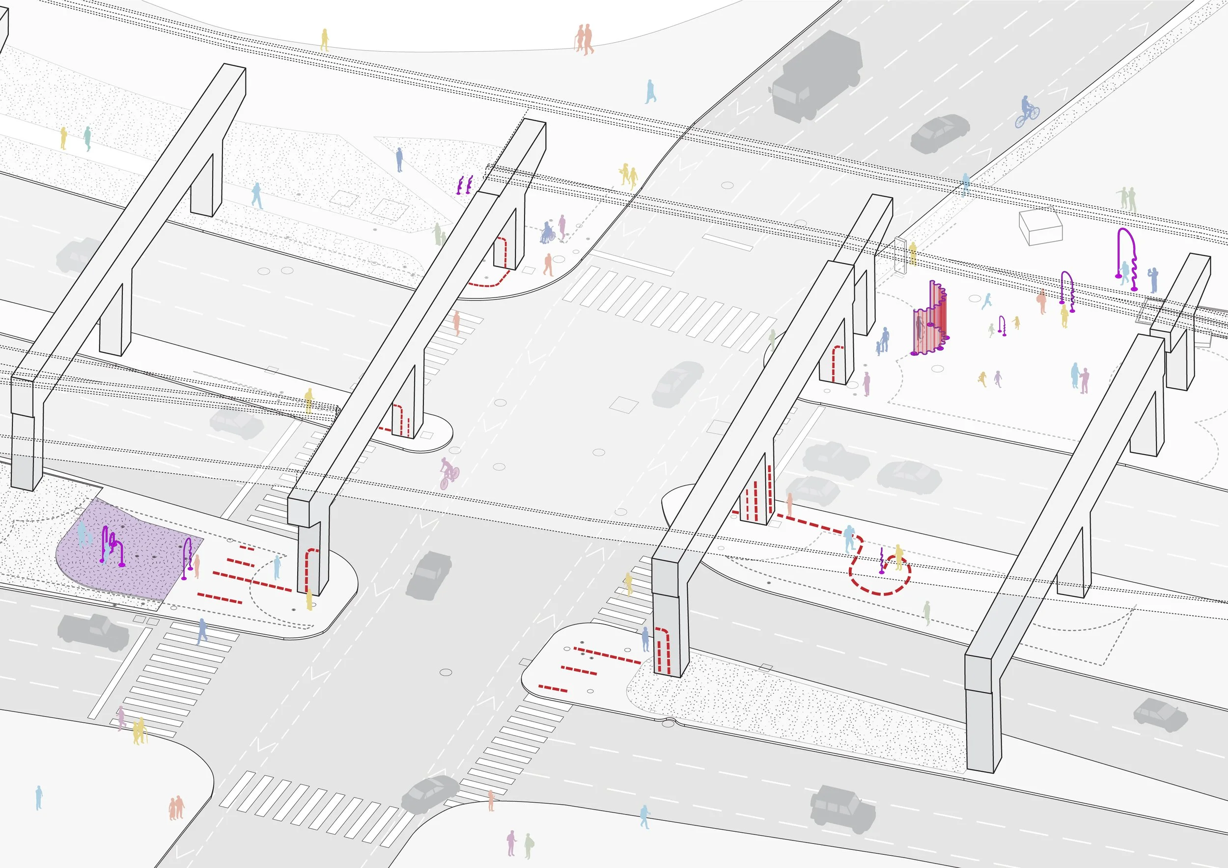 Axonometric diagram of the Waterfront ReConnect proposal designed by SOCA, SHEEEP Studio, and Tiffany Shaw