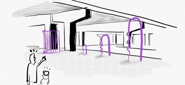 Concept drawing of installations for the Waterfront ReConnect proposal designed by SOCA, SHEEEP Studio, and Tiffany Shaw